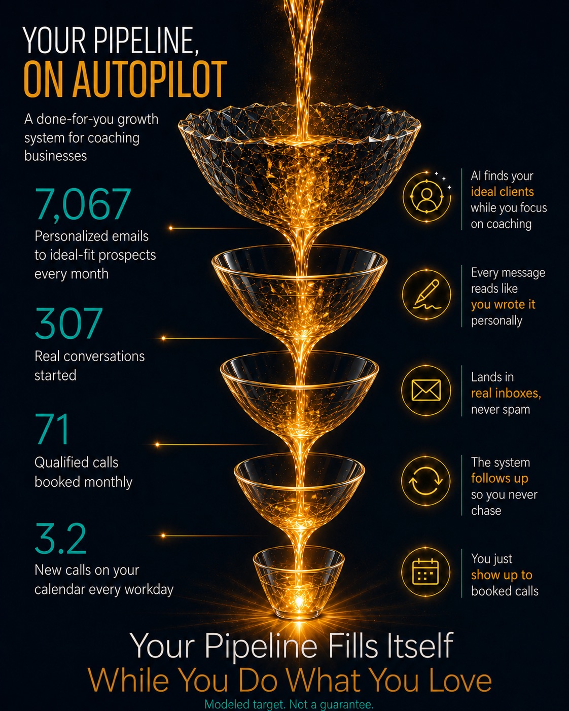 Growth-system graphic titled Your pipeline, on autopilot: a funnel from outreach emails to conversations to booked calls.